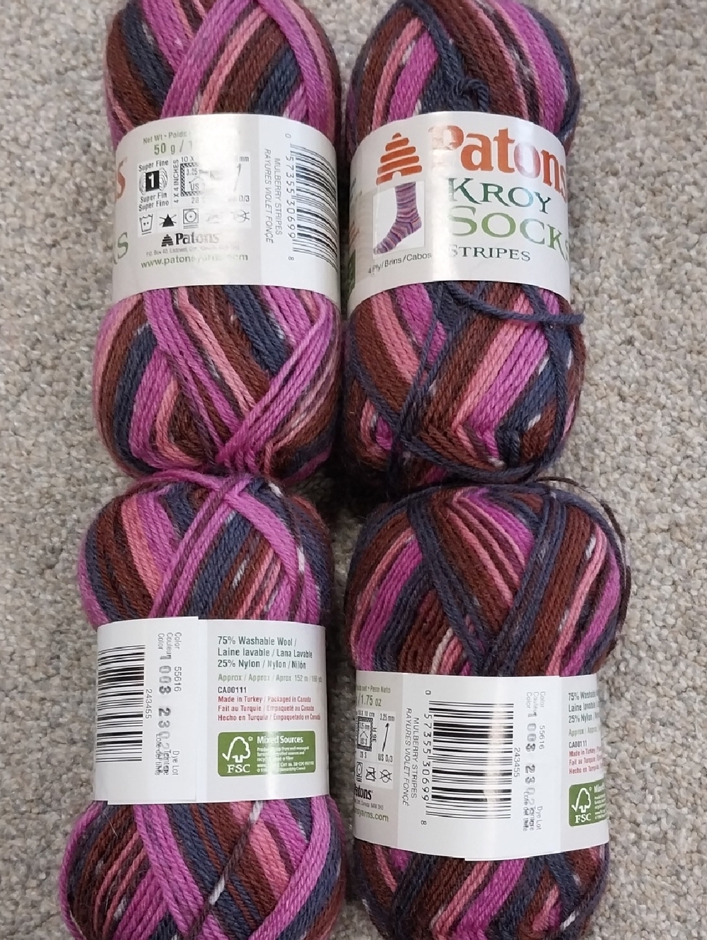Patons Kroy Sock Stripes Yarn - Pink, Brown, Purple